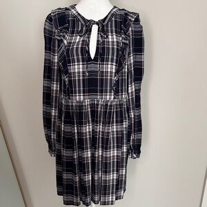 LOFT Black and White Plaid Tie-Keyhole Long Sleeve Dress